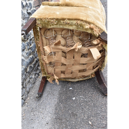 247 - A George III barrel back armchair, upholstered in brown velvet fabric, on tapering mahogany square l... 