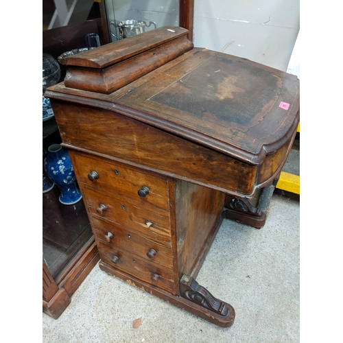 155 - Victorian inlaid walnut Davenport, hinged top with leather inset scriber, four blind and four side d... 