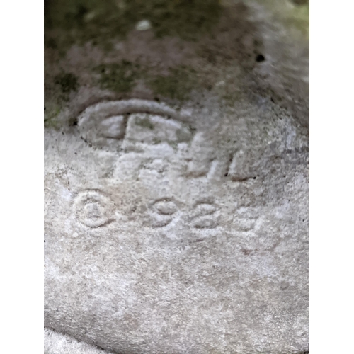 159 - A weathered cast stone bird bath with a figure column stamped Paul c 1929 Location:G