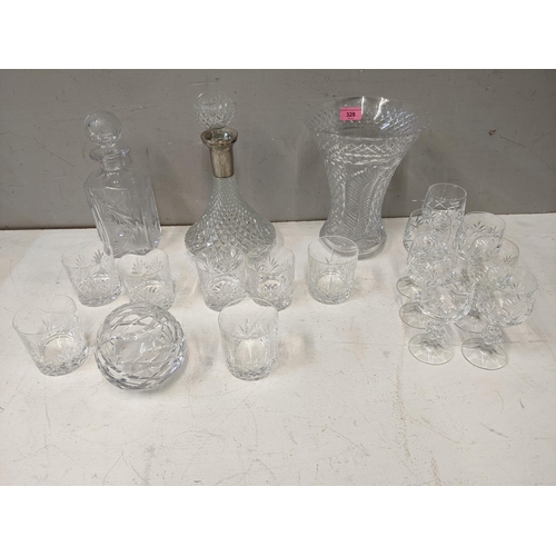 328 - Glass to include two decanters, a set of seven white wine glasses, tumblers and others
Location:4.4