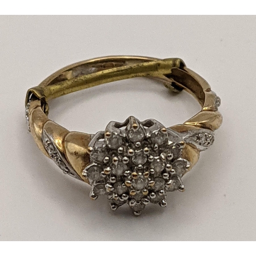 200 - A 9ct gold diamond cluster ring 2.2g and two 9ct gold rings, one inset with a ruby Location:CAB1