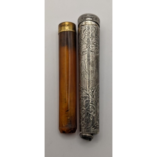 242 - A silver cheroot holder having floral embossed decoration hallmarked Birmingham 1906, together with ... 