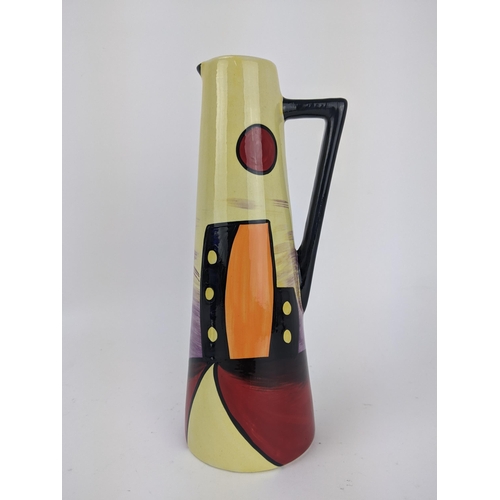 39 - A Lorna Bailey Manhattan pattern jug decorated with a sky line in orange, black, red, yellow and pur... 