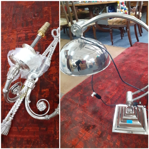 100 - A 21st century chrome effect table lamp 75cm high together with a 20th century silver tone wall ligh... 