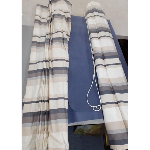 107 - Two John Lewis striped fabric Roman blinds and a blue fabric table cloth, blind measurements 1 x 280... 