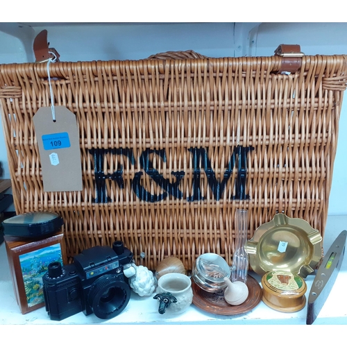 109 - A small Fortnum & Mason's hamper basket and mixed collectables to include playing cards, 2 vintage m... 