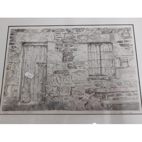110 - Pictures to include 'The Old Shed' pencil drawing signed, The Down Leap Done' tinted print, Worceste... 
