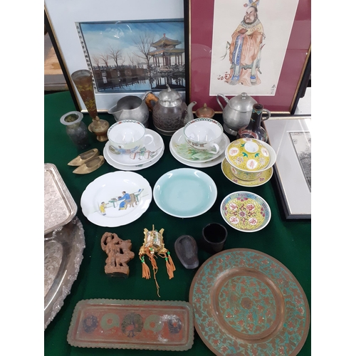 114 - Mixed Orientals to include a Chinese pewter teapot, a small Cloisonne vase and a framed watercolour ... 