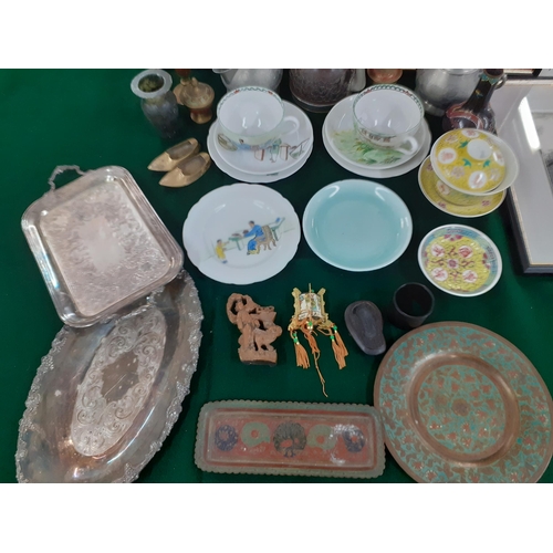 114 - Mixed Orientals to include a Chinese pewter teapot, a small Cloisonne vase and a framed watercolour ... 
