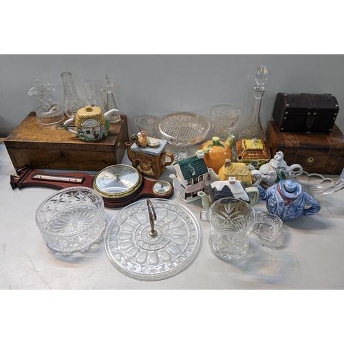 120 - Ceramics and glassware to include decorative teapots, decanters, vases along with an oak box and a m... 