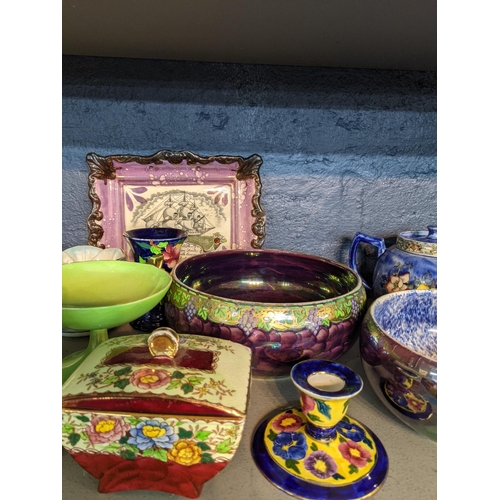 153 - A mixed lot to include mainly Victorian and later porcelain to include a Sunderland lustre plate wit... 