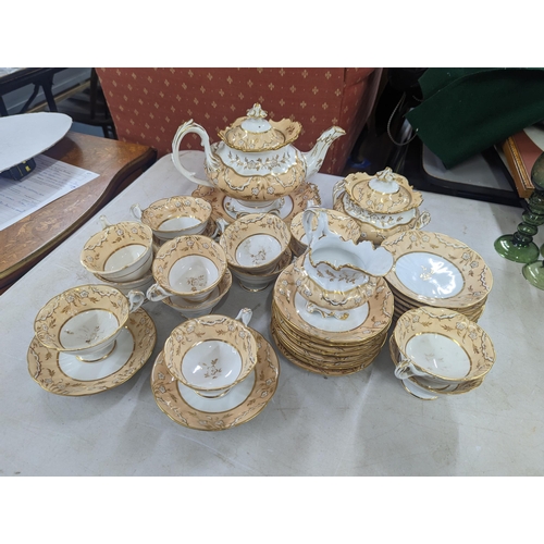 54 - A Victorian hand painted part tea service A/F, having a floral design with gilt embellishments, comp... 