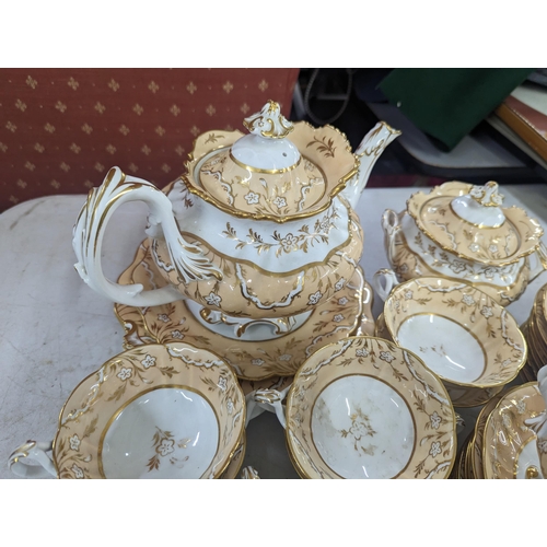 54 - A Victorian hand painted part tea service A/F, having a floral design with gilt embellishments, comp... 