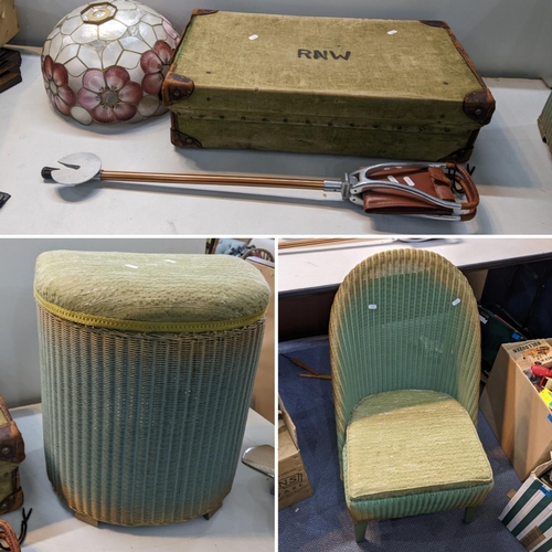 57 - A mixed lot to include a Lloyd Loom chair and basket, shooting stick, canvas bound trunk and light s... 
