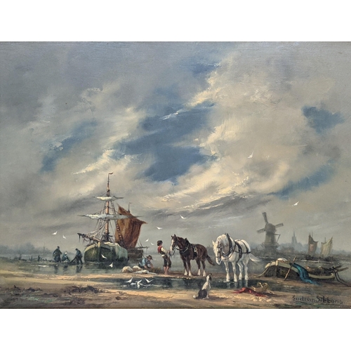 61 - Gudron-Sibbons - oil on board, Dutch scene depicting horses boats and windmill to the background, 40... 