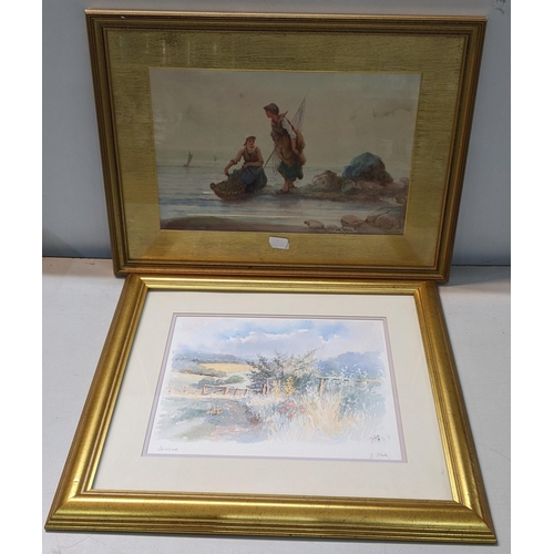 62 - A Victorian watercolour depicting fisher ladies with boats to the background together with a country... 