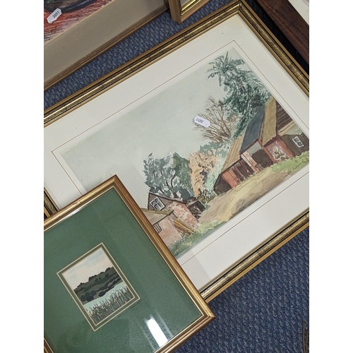 403 - A group of mostly framed and glazed pictures and prints to include an oil on canvas signed to top ri... 