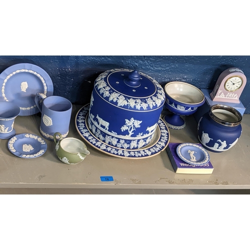 74 - A selection of Victorian and later Wedgwood and Adams Jasper ware to include an unmarked cheese dome... 