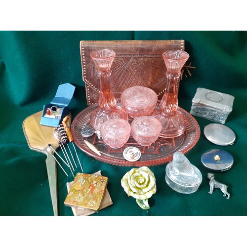 A small vintage lot to include a mid 20th Century pink glass dressing table  set, an Art Deco hand mi