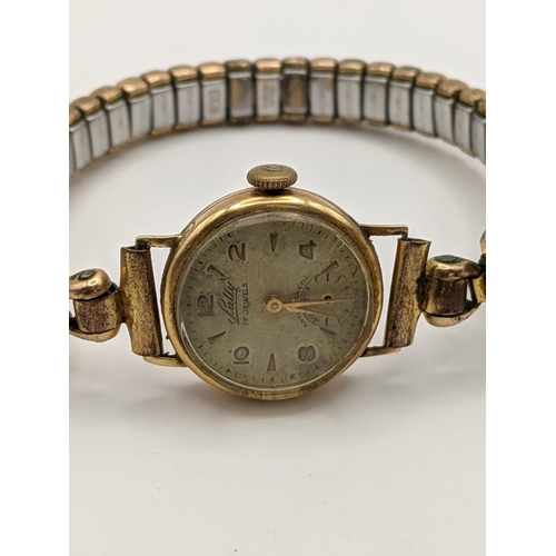 42 - A vintage 18ct gold cased ladies Sully wristwatch having gilt applied Arabic and baton hour marker, ... 