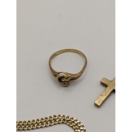 47 - Mixed gold and yellow metal to include a 9ct gold ring, a 9ct cross pendant and others, total weight... 