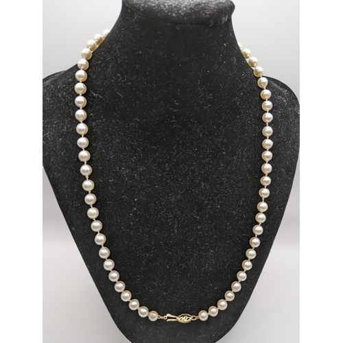 117 - A cultured pearl single strand necklace with a 9ct gold clasp, Location:CAB2