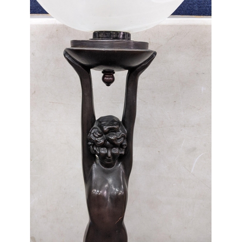 145 - An Art Deco style figural table lamp of a nude female on a stepped octagonal base, 70h excluding bul... 