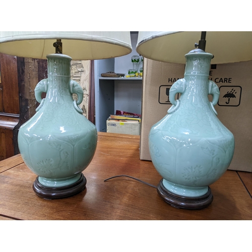 153 - A pair of vintage Chinese celadon style table lamps, 80.5h including shades, Location:A1B