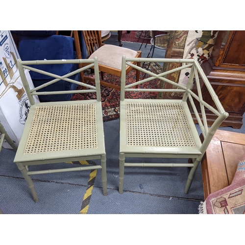 157 - A pair of green painted bamboo style corner chairs and a single matching side chair, Location:A2B