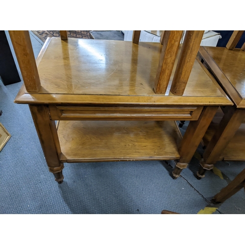 158 - A pair of walnut finished two tier lamp tables, together with four oak chairs and a retro teak chair... 