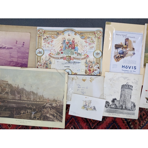 196 - A mixed lot of Victorian and later watercolours, prints and photographs to include a Neapolitan goua... 