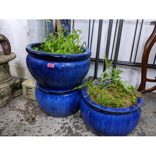 210 - Three blue glazed pottery garden planters, Location:G