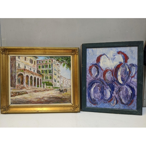 253 - Greek school, two oil paintings, one abstract on canvas indistinctly signed and another on board sig... 