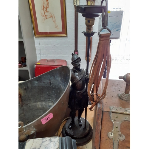 277 - A vintage household lot to include a Victorian copper bucket A/F, a spelter figure of a knight fashi... 