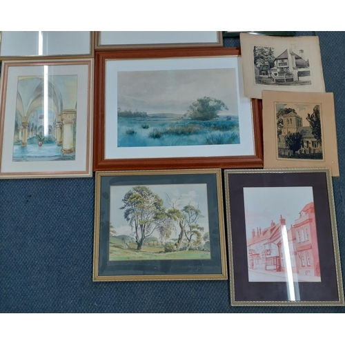 319 - A group of watercolours and prints to include Angelica I Chenies by R.A Petter together with a frame... 