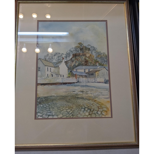 166 - Mixed pictures to include an Elizabeth Foster watercolour, village scene, framed 59cm x 47.5cm toget... 