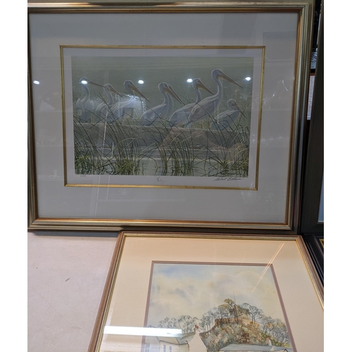 166 - Mixed pictures to include an Elizabeth Foster watercolour, village scene, framed 59cm x 47.5cm toget... 