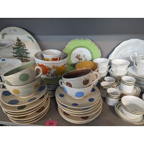 235 - Mixed ceramics to include Victorian green and floral plates, Aynsley polka dot part tea set, a Spode... 