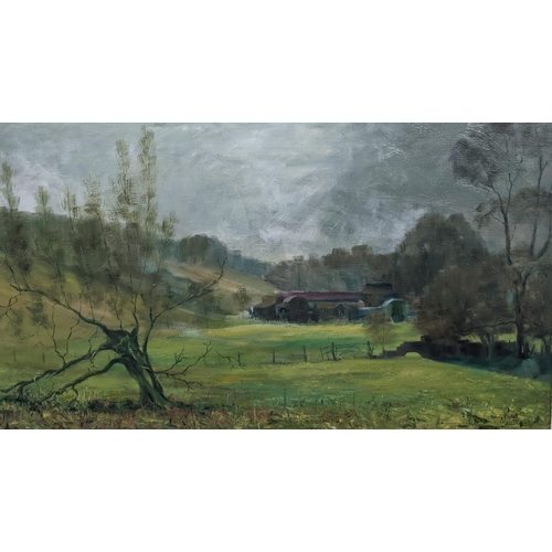 489 - Dennis Syrett - Oil on canvas depicting a country landscape, signed and dated 1973 to the lower righ... 