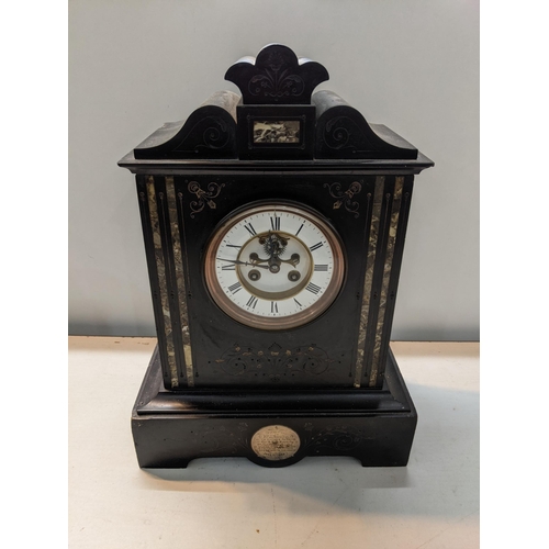 496 - A Victorian black slate, eight day mantle clock, Location:SL