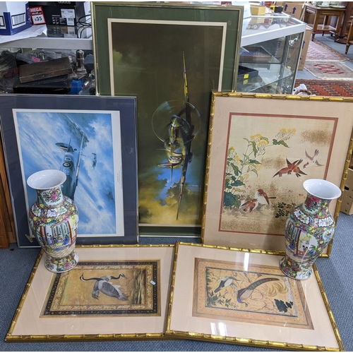 498 - Prints to include two of Spitfires, three Chinese style prints, a mirror and two modern Chinese vase... 