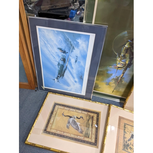 498 - Prints to include two of Spitfires, three Chinese style prints, a mirror and two modern Chinese vase... 