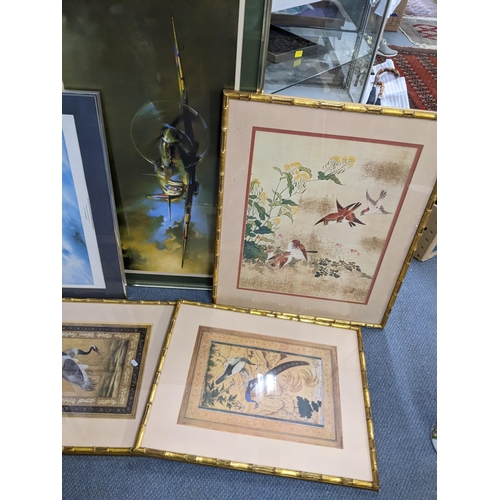 498 - Prints to include two of Spitfires, three Chinese style prints, a mirror and two modern Chinese vase... 