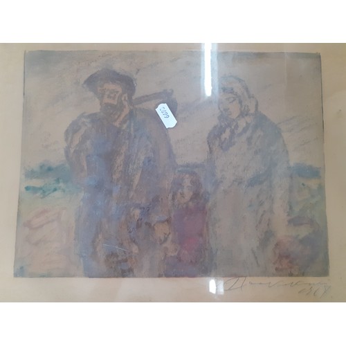 333 - A 20th century naive pastel of travelling family, indistinctly signed, mounted in a gold painted fra... 