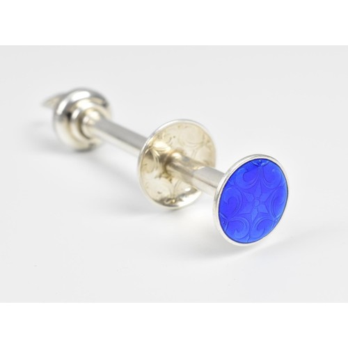 138 - A Norwegian silver and enamel mechanical ice cube tongs by Askel Holmsen, having blue enamel button ... 