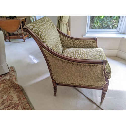 265 - A modern Regency style stained beech framed armchair with scrolled, cut brocade fabric on rope twist... 