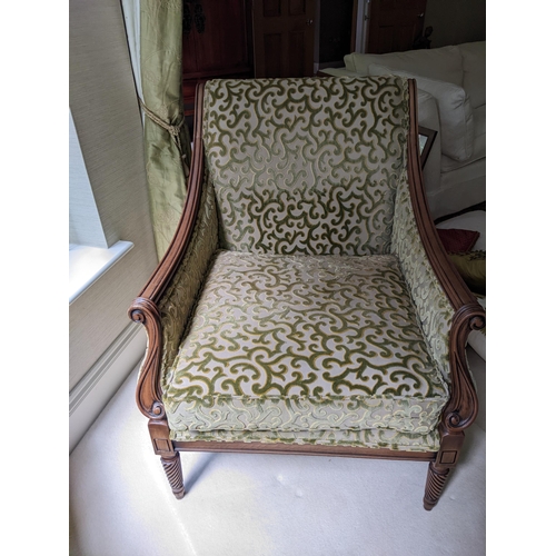 266 - A modern Regency style stained beech framed armchair with scrolled, cut brocade fabric on rope twist... 