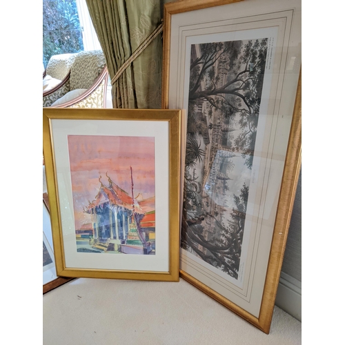 269 - Prints to include reproductions of Chinese landscapes in gilt frames, a reproduction map and a pagod... 