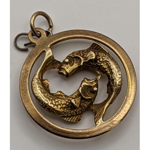 358 - A yellow metal Pisces fish zodiac astrology pendant, 5.4g together with yellow metal stick pin, 1.2g... 