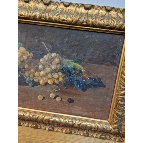 111 - An Italian early 20th century oil on board depicting a still life, indistinctly signed to the lower ... 